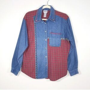 Vintage Napa Valley Grandmacore Patchwork Denim Plaid Shirt Embroidered Heart M